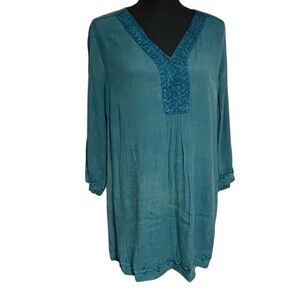 Dressbarn Dark Teal Lagenlook Applique Trim Top